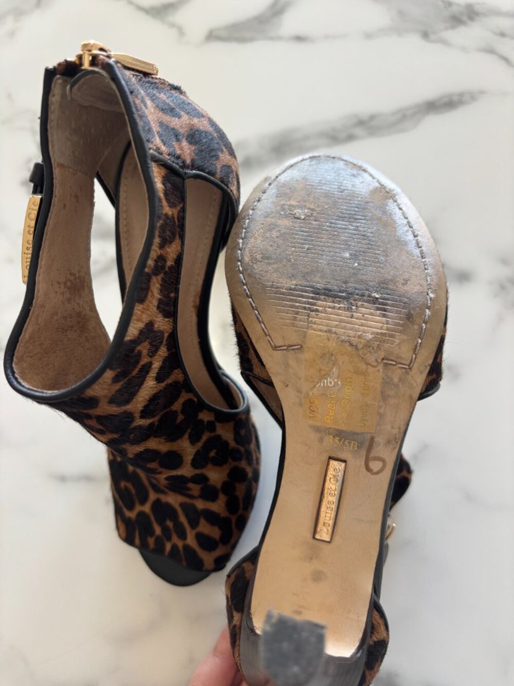 Louise et Cie Leopard Calf Hair Peep Toe Cage Bootie Size 6 Gold Hardware - Picture 6 of 7